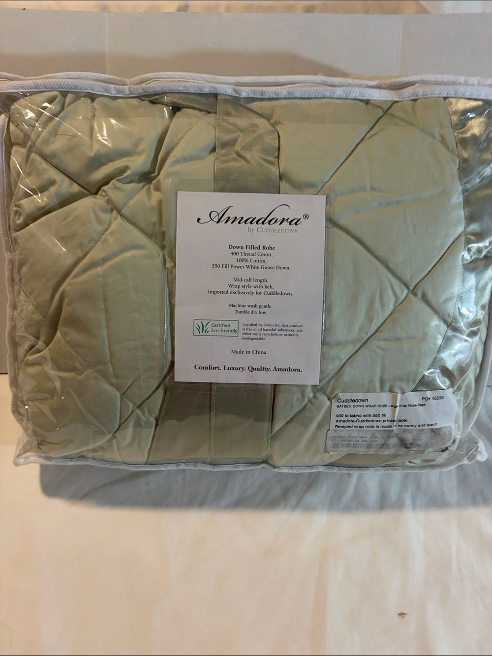Amadora Quilted 550 fill power, white goose down- Light Sage Green 100% cotton
